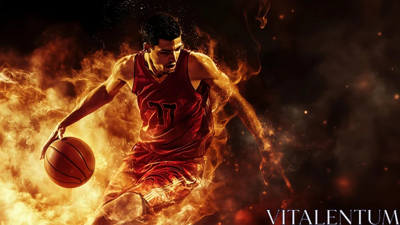 Basketball player drives through swirling fiery energy court
