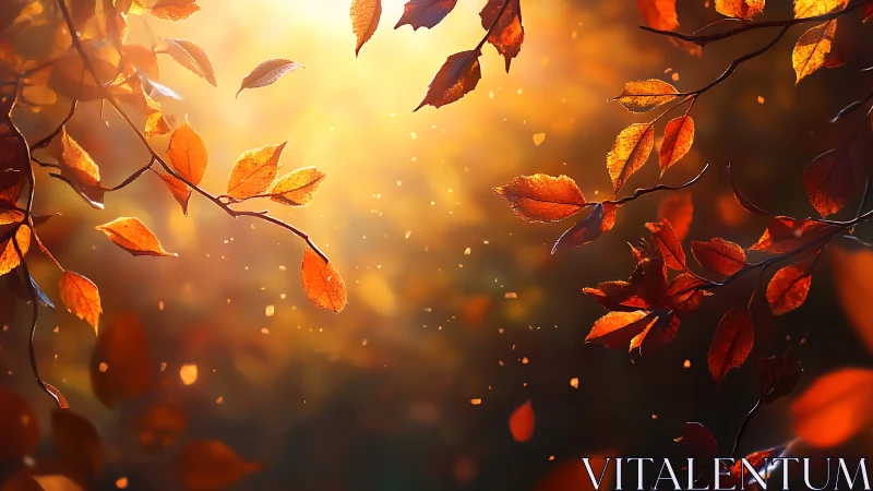 Autumn leaves glow under golden backlit forest haze.