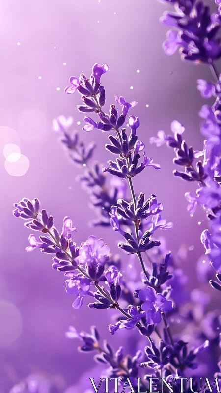 Purple lavender field covered with morning dew drops