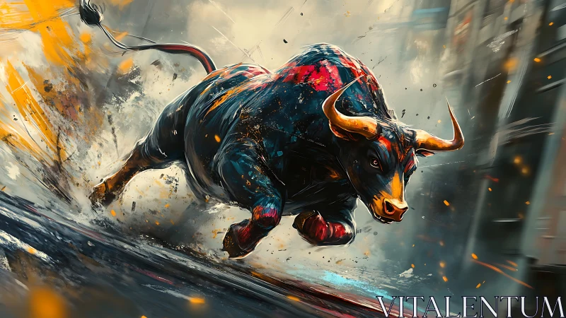 Digital painting depicts a charging bull in dynamic motion