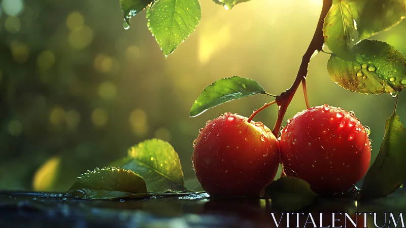 Sunlit cherries resting softly under morning raindrops.