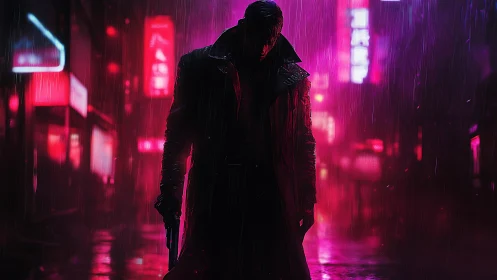 Neon-soaked gunman silhouette in rain-saturated cyber alleyway.
