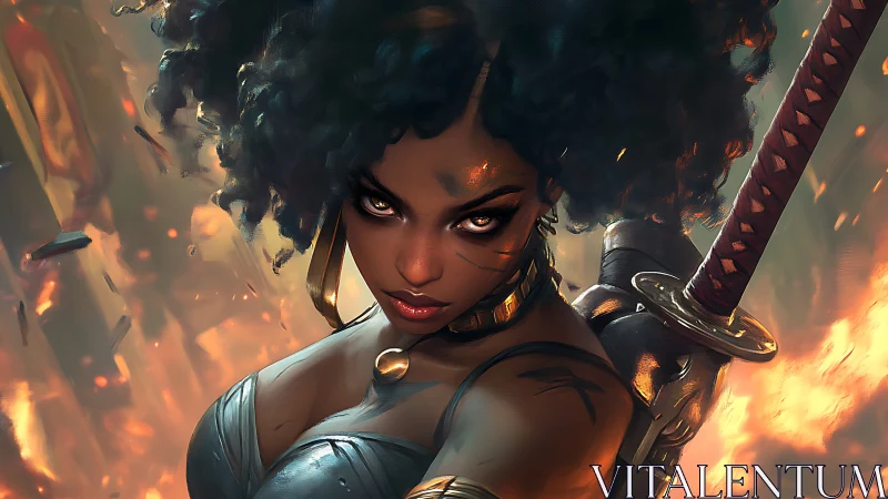 Warrior woman with sword stands amid fire and falling debris