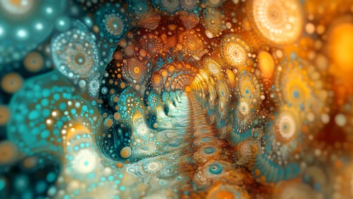 Fractal tunnel shows circular patterns in teal and orange