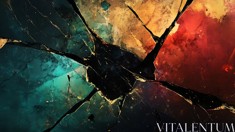 Shattered glass radiates color fragments across dark void