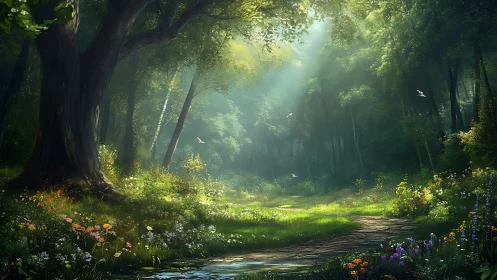 Old-growth forest pathway with dramatic volumetric light rays