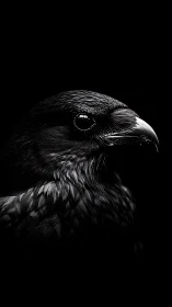 Raven portrait in dramatic low key monochrome lighting.