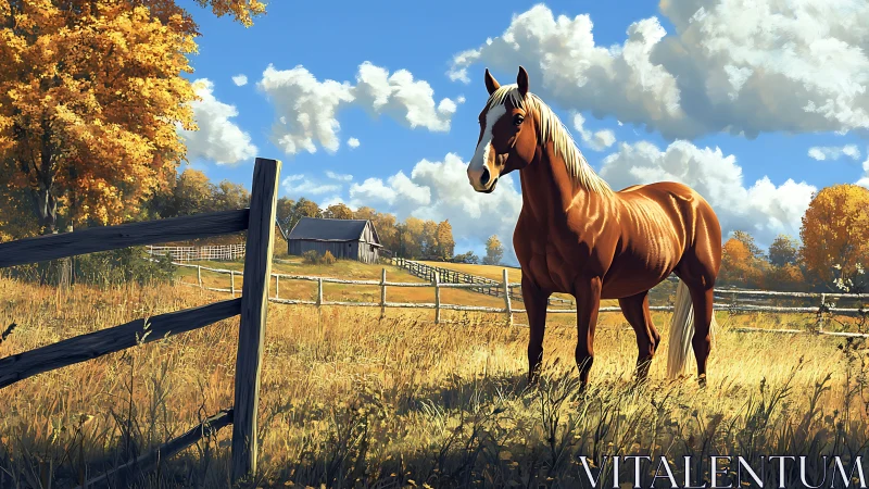 Golden autumn pasture with a calm horse and rustic barn.