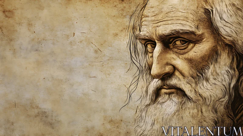 Aged sage portrait in sepia-toned illustrative rendering.