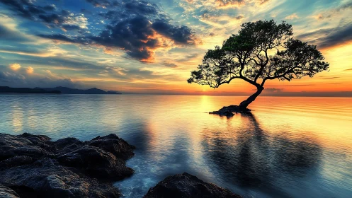Solitary coastal tree stands in calm reflective seawater at dusk