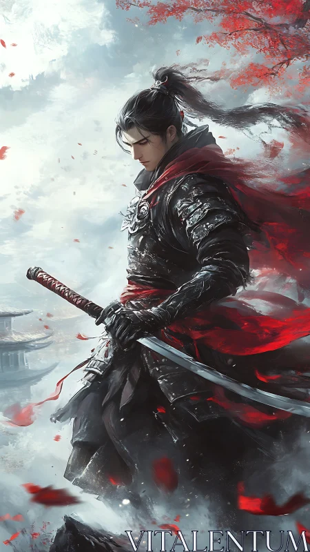 Samurai warrior in red scarf amid mist and falling leaves.