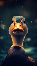 Cinematic duck portrait with rain-lit plumage detail.