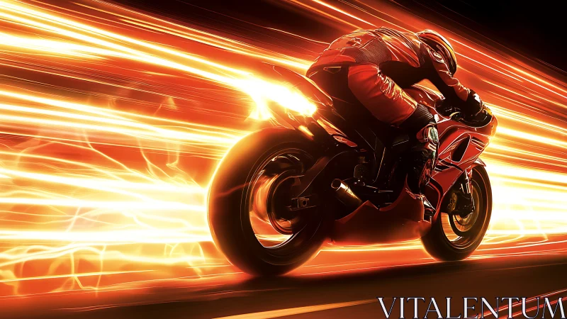 Motorcycle racer cutting through blazing neon light trails.
