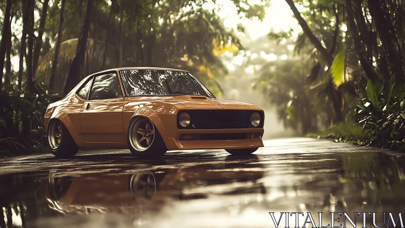 Modified vintage coupe parked on wet tropical roadway.