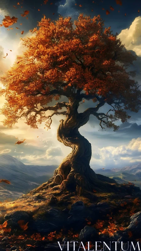 Autumnal vortex tree under high-dynamic stormlit sky.