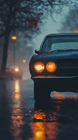 Vintage car headlamps glow through rainy foggy street