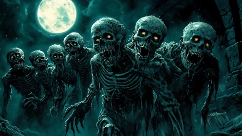 Moonlit skeletal horde in teal-tinted horror digital painting.