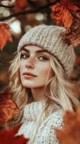 Cozy autumn portrait framed by glowing golden leaves.
