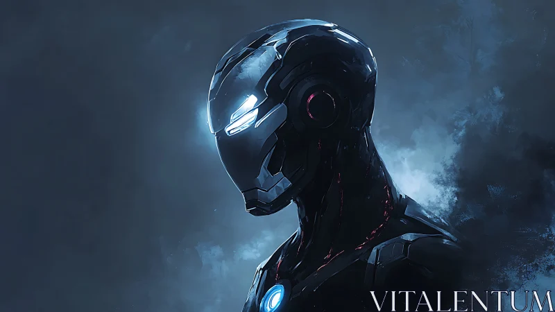 Quiet blue-lit android in a brooding sci-fi mistscape.