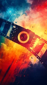 Cinematic camera lens with diagonal film strip in nebula hues