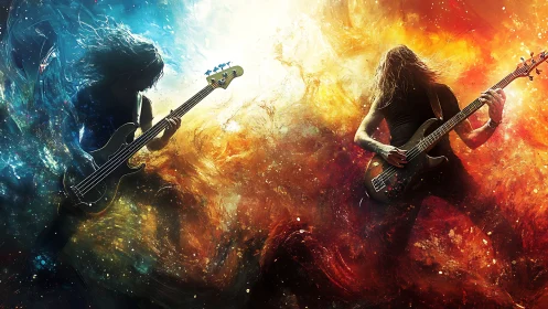 Blazing cosmic guitarists jamming in swirling fire and ice.