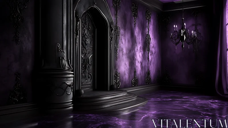 Ornate dark interior with purple walls and arched doorway.