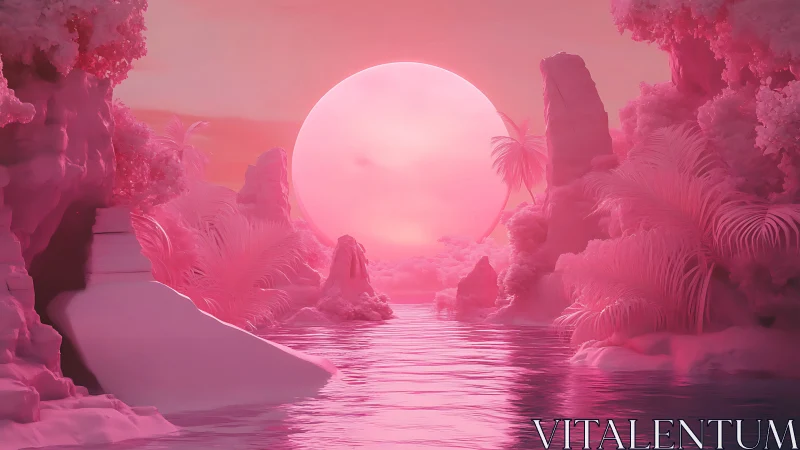 Dreamy pink tropical lagoon rests under a glowing sun