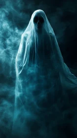 Ghostly shrouded specter emerges from swirling blue mist.