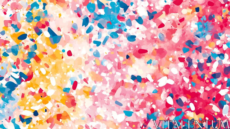 Vibrant confetti abstraction with warm pink color fields.