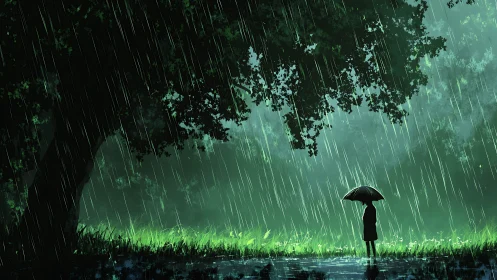 Solitary figure with umbrella under tree in heavy rain.