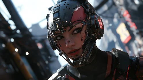 Fierce cybernetic heroine gazing ahead with quiet resolve.