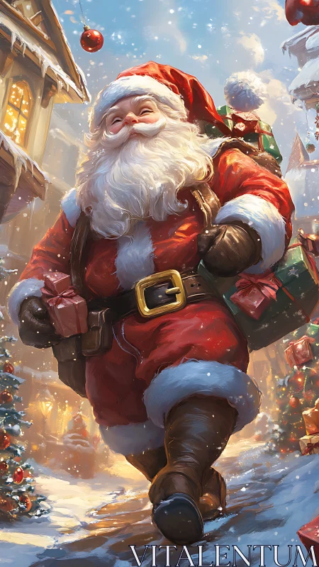 Santa Claus walking through snowy village street at night.