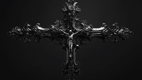 Ornate black crucifix sculpture glows subtly in the dark