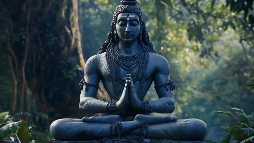 Stone Shiva statue in meditative posture within forest setting.