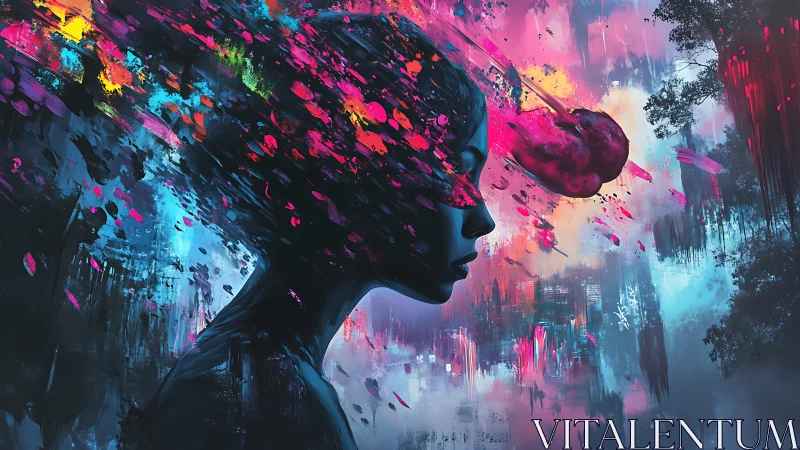 Surreal neon portrait with exploding abstract thoughts.