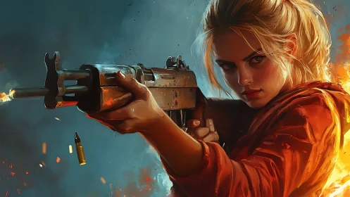 Fierce heroine aims forward in a blaze of bold color.