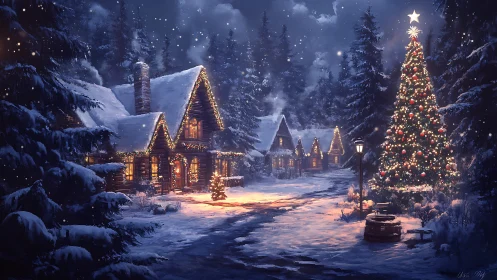 Snow-covered log cabins with illuminated Christmas tree at dusk