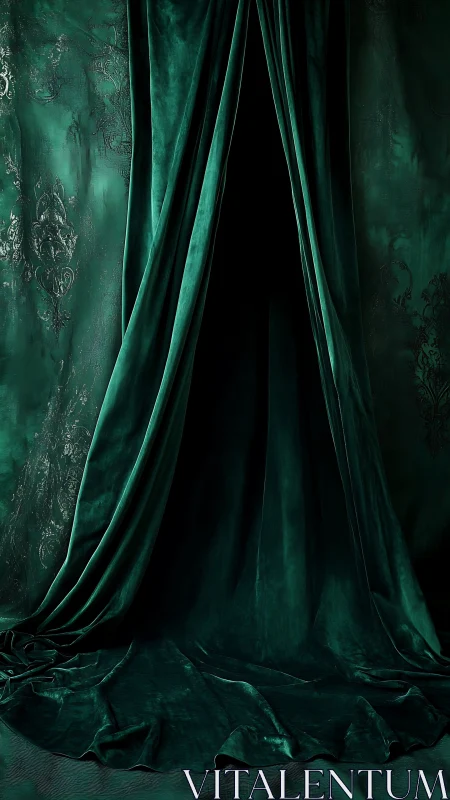 Deep green velvet curtain framing dark empty interior.