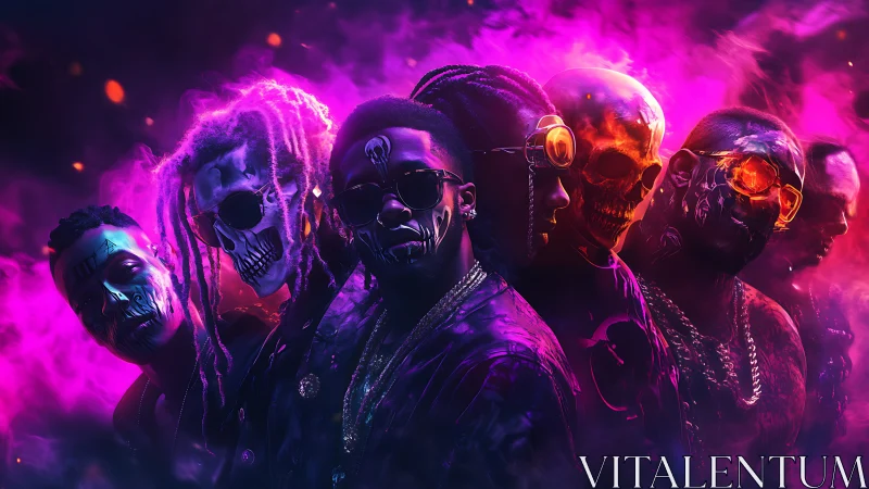 Neon skull collective in ultraviolet vaporwave lighting lineup.