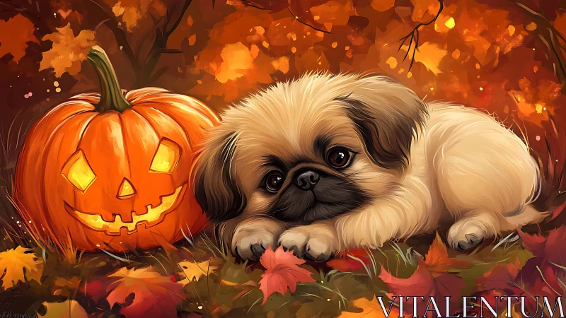 Cozy puppy curls beside a glowing jack-o’-lantern friend.