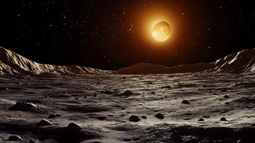 Lunar horizon glows beneath a blazing eclipse-lit sky.
