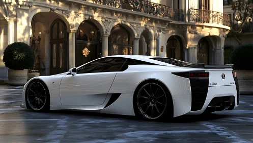 White supercar lounges like a panther outside urban palace