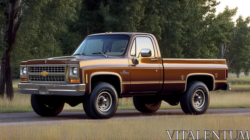 Photorealistic vintage pickup truck in rural roadside setting.