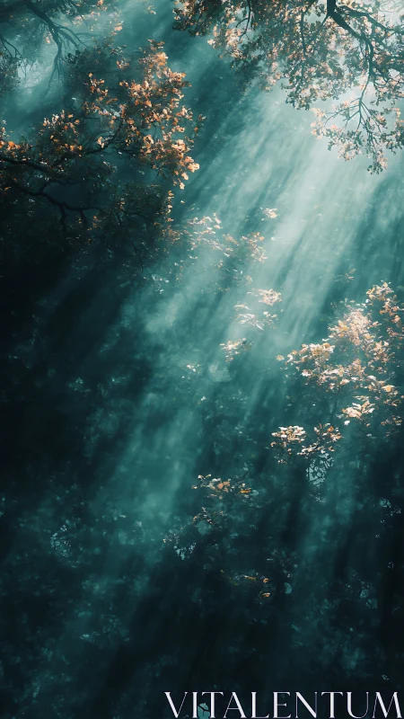 Sunbeams Cutting Through Teal Forest Canopy Glow.
