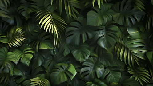 Dense tropical foliage pattern with layered green leaves.