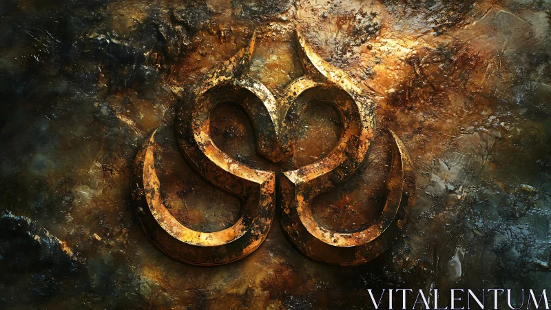 Bronze entwined emblem emerges from eroded, textural patina