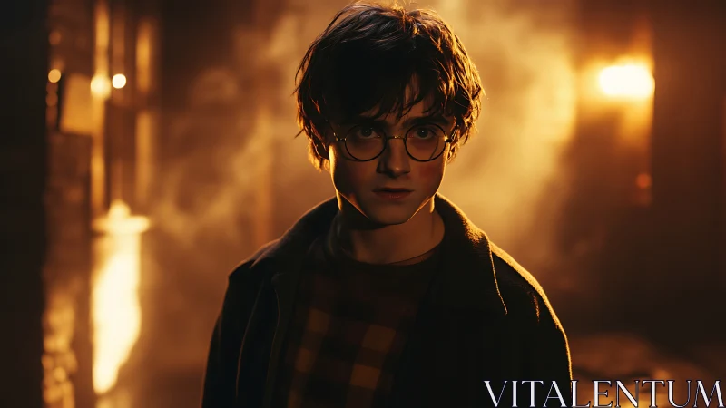 Lantern-lit alley youth framed in ember-tinted fog glow.