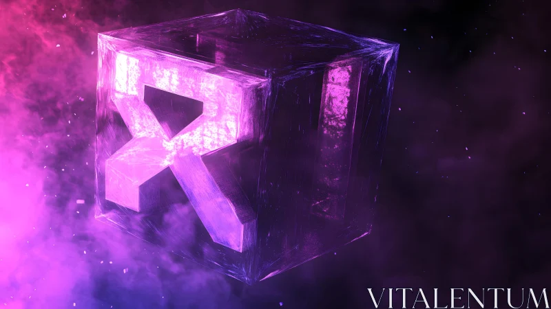 Neon purple 3D cube with X symbol in glowing sci-fi style.