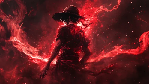 Blazing wanderer stands wrapped in swirling red embers