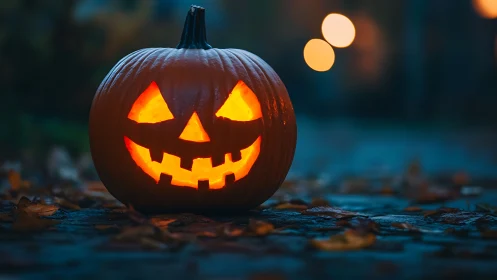 Luminous carved jack o lantern on wet autumn pavement at dusk